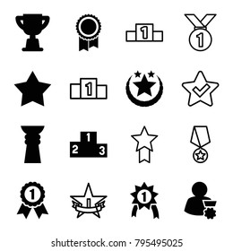 Award icons. set of 16 editable filled and outline award icons such as star, ranking, trophy, man with medal, number 1 medal