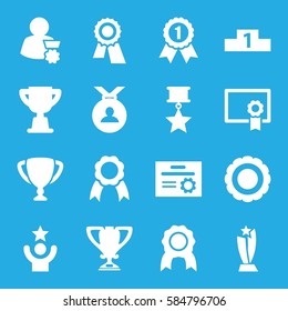 award icons set. Set of 16 award filled icons such as award, medal, ribbon, trophy, diploma, ranking, man with medal