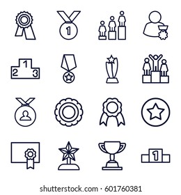 award icons set. Set of 16 award outline icons such as award, medal, ranking, ribbon, diploma, rank, trophy, star trophy