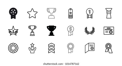 Award icons. set of 18 editable outline award icons: trophy, diploma, 1st place star, star, olive wreath, number 1 medal, celebrity, rank