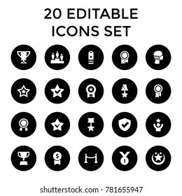 Award icons. set of 20 editable filled award icons such as star, medal, medical mask, shield, red carpet, trophy, ranking. best quality award elements in trendy style.