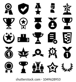 Award icons. set of 25 editable filled award icons such as award, trophy, medal, shield, 1st place star, ranking, olive wreath, star trophy, number 1 medal, diploma