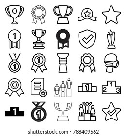 Award icons. set of 25 editable outline award icons such as ranking, star, trophy, medal, medical mask, shield, ribbon, number 1 medal, medal with star, diploma