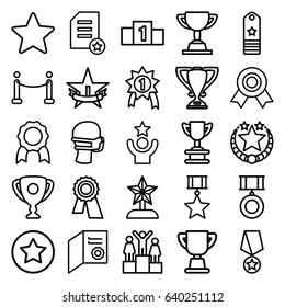Award icons set. set of 25 award outline icons such as award, medical mask, red carpet, star, trophy, rank, medal, 1st place star, diploma, ranking, number 1 medal