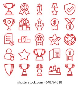 Award icons set. set of 25 award outline icons such as trophy, ranking, medal, star, diploma, man with medal, number 1 medal, celebrity, dollar award
