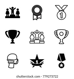 Award icons. set of 9 editable filled and outline award icons such as ranking, 1st place star, trophy, medal with star, medal