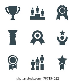 Award icons. set of 9 editable filled award icons such as medal, ranking, trophy, medal with star