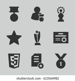 Award icons set. set of 9 award filled icons such as star, medal, trophy, man with medal, number 1 medal, diploma