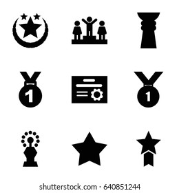 Award icons set. set of 9 award filled icons such as ranking, star, trophy, number 1 medal, medal with star, diploma