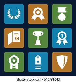 Award icons set. set of 9 award filled icons such as rank, medal, olive wreath, number 1 medal, trophy, diploma