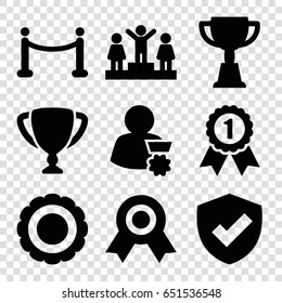 Award icons set. set of 9 award filled icons such as ranking, trophy, red carpet, award, man with medal, number 1 medal, shield