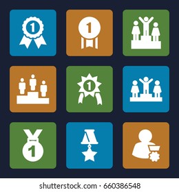 Award icons set. set of 9 award filled icons such as ranking, medal, man with medal