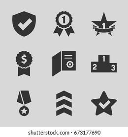Award icons set. set of 9 award filled icons such as 1st place star, ranking, rank, number 1 medal, medal with star, diploma, star, dollar award