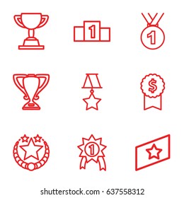 Award icons set. set of 9 award outline icons such as rank, medal, trophy, ranking, number 1 medal, star