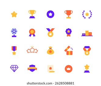 Award Icons Set. Colorful signs with trophy cup, winner gold medal, gift and reward. Success and achievement. Design for app or website. Flat vector illustration collection isolated on background