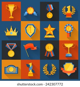 Award icons set flat of cup prize ribbon medal figurine isolated vector illustration