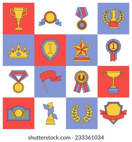 Award icons set flat line of medal flag cup competition insignia isolated vector illustration