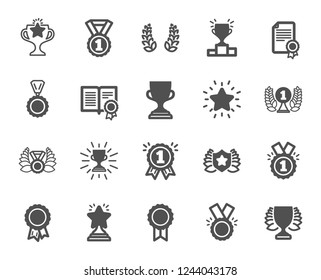 Award icons. Set of Winner medal, Victory cup and Laurel wreath award icons. Reward, Certificate and Diploma message. Glory shield, Prize winner, rank star, diploma certificate. Quality design element