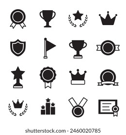 Award icons set. Winner medal, Victory cup and Trophy reward. Vector illustration