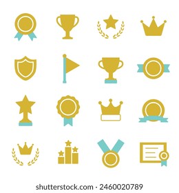 Award icons set. Winner medal, Victory cup and Trophy reward. Vector illustration