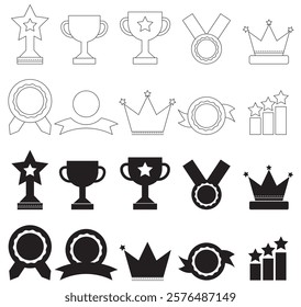 Award icons set. Winner medal, victory cup, and trophy reward