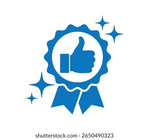 Award Icons, Thumbs Up in Black, Blue, and Red. Winner medal star and ribbon, set of award icons, each featuring a thumbs-up within a circular frame with ribbons. approval icon with ribbon and stars.