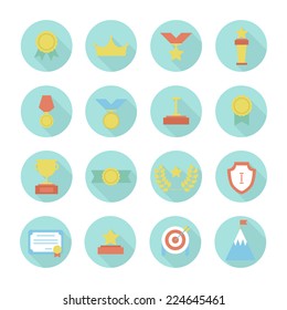 Award icons. Vector set of prizes and trophy signs. Design elements. Illustration in flat style.