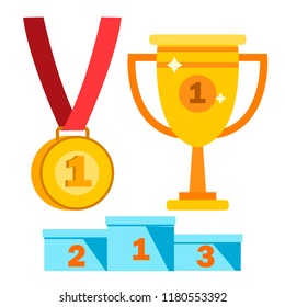 Award Icons Vector. Winner, First Place Gold Mmedal, Pedestal. Sport, Business Trophy. For Championship Design. Isolated Cartoon Illustration