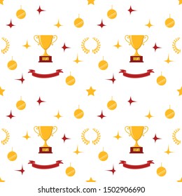 Award icons. Web site. Seamless of trophy cup, ribbons, stars, laurel wreath, winners pedestal. Vector illustration