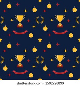 Award icons. Web site. Seamless of trophy cup, ribbons, stars, laurel wreath, winners pedestal. Vector illustration