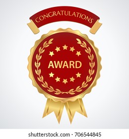 Award, Insignia, Badge for certificate, diploma, web page. Golden medal with gold ribbon (sign of winner). Premium quality, Best price, choice, guarantee, best seller. Isolated vector