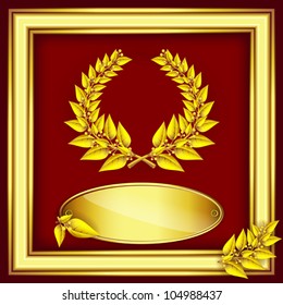 Award or jubilee certificate. Gold laurel wreath, label for text and frame on red velvet .Vector eps10 illustration. Raster file included in portfolio