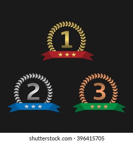 Award label set. Golden first place badge with red ribbon. Silver second place badge with blue ribbon. Bronze third place badge with green ribbon