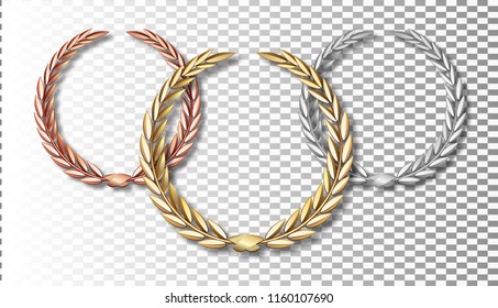 Award laurel set isolated on a transparent background. First, second and third place. Winner template. Symbol of victory and achievement. Gold laurel wreath. Realistic vector object isolated.