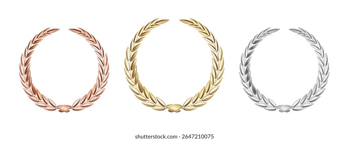 Award laurel set isolated on a transparent background. First, second and third place. Winner template. Symbol of victory and achievement. Gold laurel wreath.