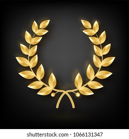 Award laurel. Symbol of victory and achievement. Design element for decoration of medal, award, coat of arms or anniversary logo. Gold laurel wreath. Realistic vector object isolated.