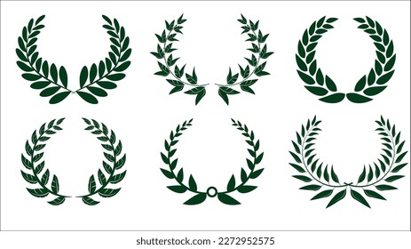 Award laurel wreath set. Leaves victory frame. Floral branch border. Champion winner branch logo. Vector illustration isolated on white background.