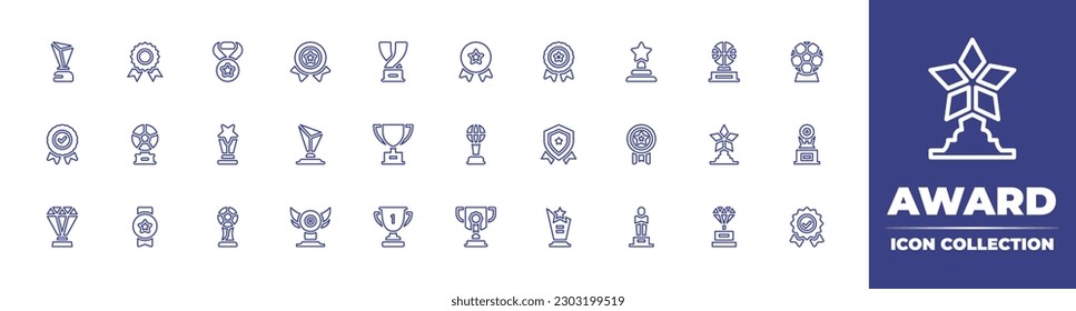 Award line icon collection. Editable stroke. Vector illustration. Containing trophy, prize, medal, awards, award, badge, achievement, diamond award, soccer cup, reward, validation.