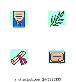 Juego de iconos de línea de adjudicación. Certificado, diploma con cinta, documento, hoja de laurel. Concepto de triunfo o logro. Elemento de símbolo de ilustración vectorial para diseño web y aplicaciones