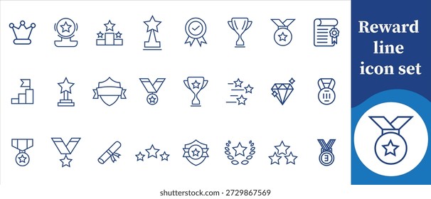 Award line icon set, distinction, isolated, mark, flat, place, praise, graphic, victory, difficult, merit, collection, click, prestige, transparent background, glyph, editable stroke and more