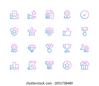 Award line icons. Quality concepts, trophy, medal pictograms. Set of modern outline symbols collection. Minimal thin line design. Trendy linear gradient style graphic elements. Vector line icons set