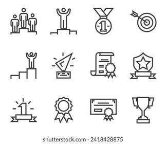 Iconos de línea de premio. Conjunto de símbolos de contorno, elementos gráficos simples, colección de pictogramas negros de estilo lineal moderno. Conjunto de iconos de línea de vector