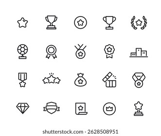 Award line Icons Set. Simple symbols with trophy cup, winner gold medal and reward. Editable stroke. Success and achievement. Outline vector illustration collection isolated on background