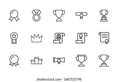 Iconos de línea de premio establecidos. Elementos vectoriales de trazo para el diseño moderno. Pictogramas simples para concepto móvil y aplicaciones web. Iconos de línea de vectores aislados en un fondo blanco. 