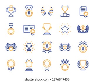 Award line icons. Set of Winner medal, Victory cup and Laurel wreath award icons. Reward, Certificate and Diploma message. Glory shield, Prize winner, rank star, diploma certificate. Vector