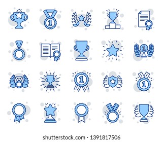 Award line icons. Set of Winner medal, Victory cup and Laurel wreath award icons. Reward, Certificate and Diploma message. Glory shield, Prize winner, rank star, diploma certificate. Vector