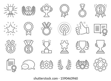 Award line icons. Set of Winner medal, Victory cup and Laurel wreath award icons. Reward, Certificate and Diploma message. Glory shield, Prize winner, rank star, diploma certificate. Vector