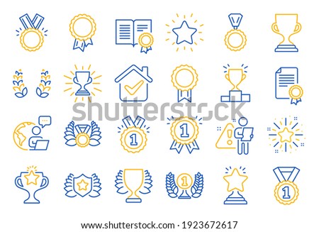 Award line icons. Set of Winner medal, Victory cup and Laurel wreath award icons. Reward, Certificate and Diploma message. Glory shield, Prize winner, rank star, diploma certificate. Vector