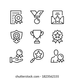 Award line icons. Trophy, achievement, certified product, gold cup, reward concepts. Simple outline symbols, modern linear graphic elements. Thin line design. Vector icons set