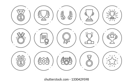 Award Line Icons. Winner Medal, Victory Cup And Trophy Reward. Achievement Linear Icon Set. Line Buttons With Icon. Editable Stroke. Vector